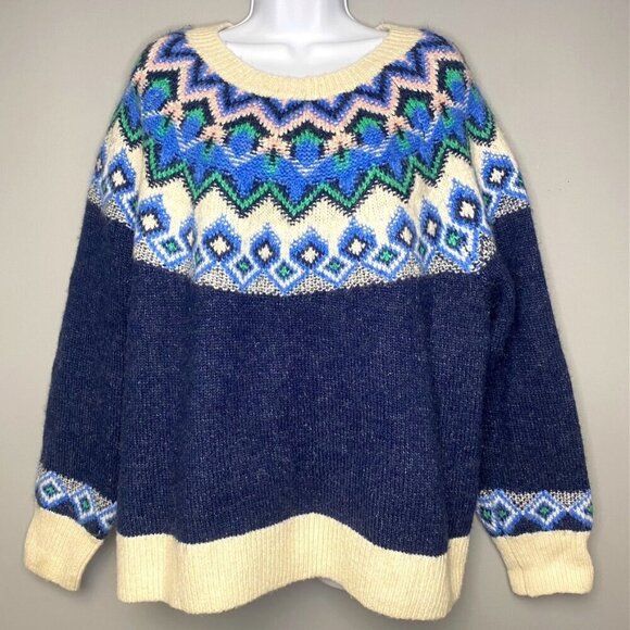 Old Navy Fair Isle Nordic Heavy Sweater Womens Size 2X Blue Crew Neck Knit - Picture 1 of 6